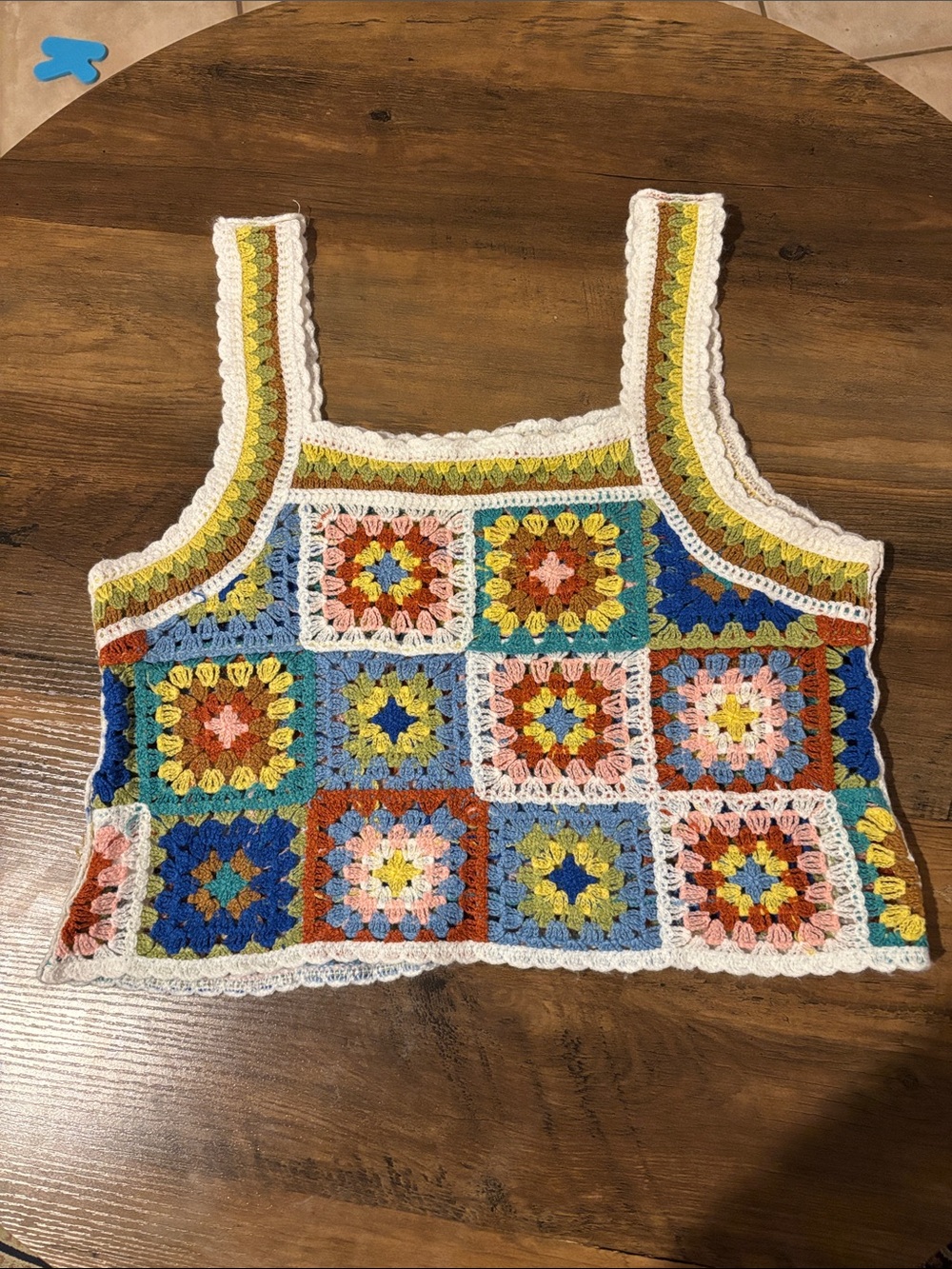 ADORA Multicolor Crochet Granny-Square Camisole with White Trim